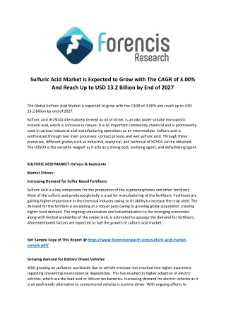 Sulfuric acid market is expected to grow with the cagr of 3.00% and reach up to usd 13.2 billion by end of 2027