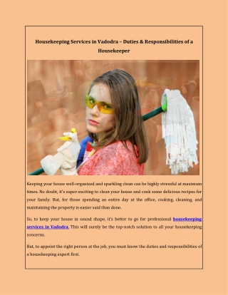 Housekeeping Services in Vadodra – Duties & Responsibilities of a Housekeeper