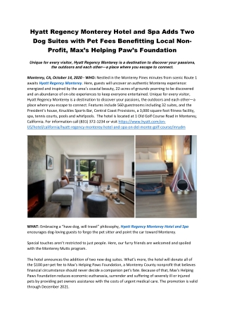 Hyatt Regency Monterey Hotel and Spa Adds Two Dog Suites with Pet Fees Benefitting Local Non-Profit, Max’s Helping Paw’s