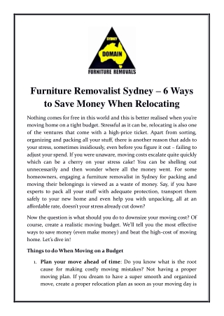 Furniture Removalist Sydney – 6 Ways to Save Money When Relocating