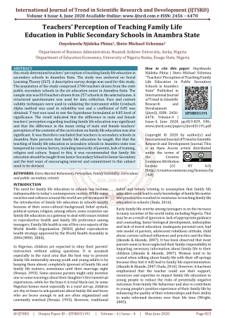 Teachers' Perception of Teaching Family Life Education in Public Secondary Schools in Anambra State