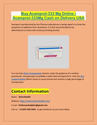 Buy Acamprol-333Mg Online | Acamprol-333Mg Cash on Delivery USA