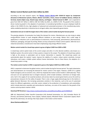 Motion Control Market by Component, System, Industry | COVID-19 Impact Analysis | MarketsandMarkets