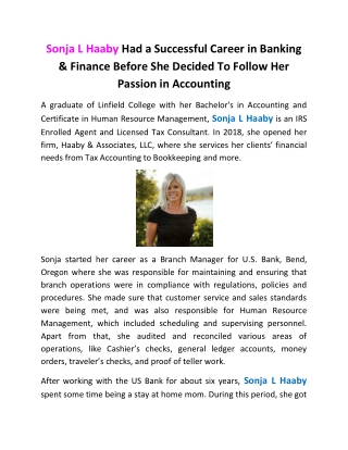 Sonja L Haaby Had a Successful Career in Banking & Finance Before She Decided To Follow Her Passion in Accounting