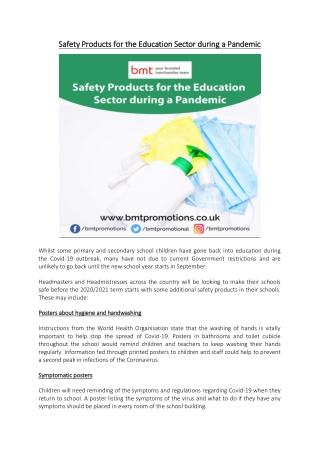 Safety Products for the Education Sector during a Pandemic