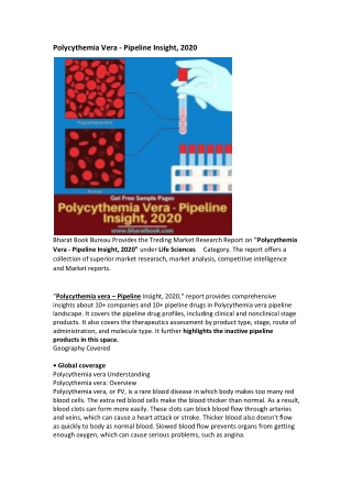 Polycythemia Vera - Pipeline Disease Research Report - 2020