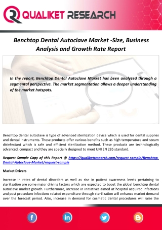 Benchtop Dental Autoclave Market Size, Demand, Analysis and Forecast Report to 2027