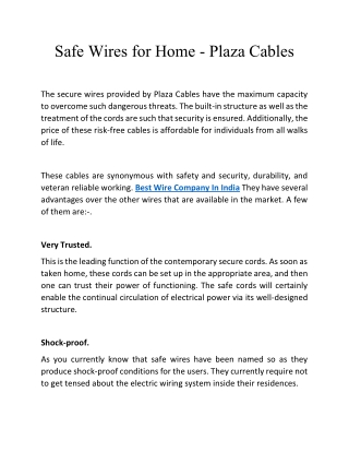Safe Wires for Home - Plaza Cables