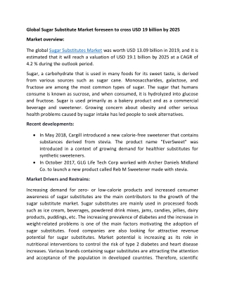 Global Sugar Substitute Market foreseen to cross USD 19 billion by 2025