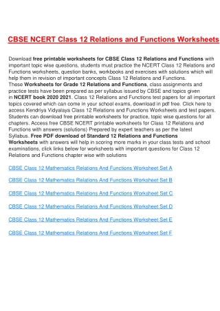 Worksheets for Class 12 Relations and Functions