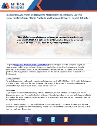 Coagulation Analyzers and Reagents Market In-depth Analysis and Forecast Research Report, 2024