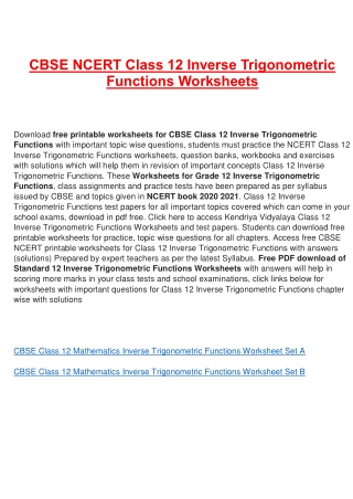 Worksheets for Class 12 Inverse Trigonometric Functions