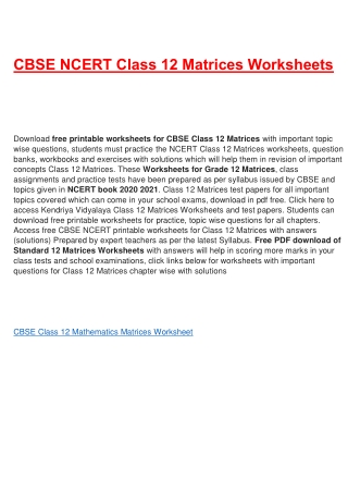 Worksheets for Class 12 Matrices