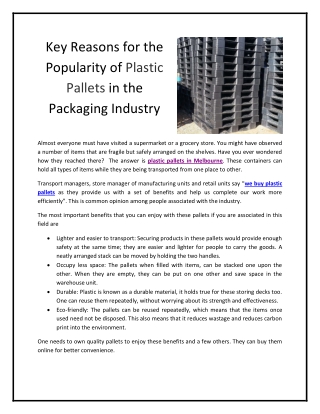 Key Reasons for the Popularity of Plastic Pallets in the Packaging Industry