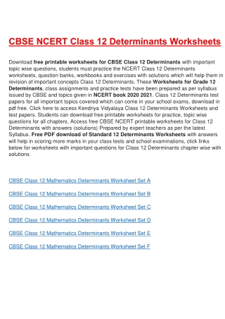 Worksheets for Class 12 Determinants