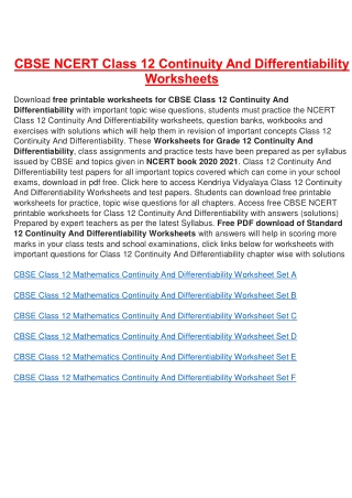 Worksheets for Class 12 Continuity And Differentiability