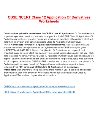 Worksheets for Class 12 Application Of Derivatives