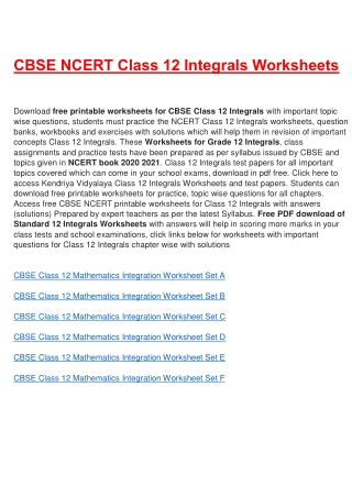 Worksheets for Class 12 Integrals