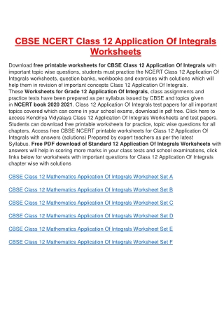 Worksheets for Class 12 Application Of Integrals