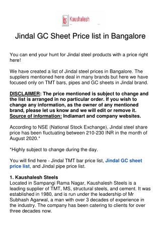 Jindal GC Sheet Price list in Bangalore