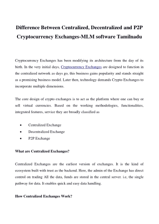 Difference Between Centralized, Decentralized and P2P Cryptocurrency Exchanges-MLM software Tamilnadu