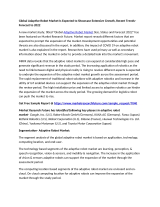 Global Adaptive Robot Market Is Expected to Showcase Extensive Growth, Recent Trends– Forecast to 2022