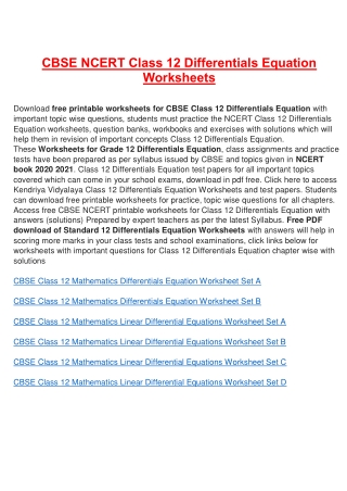 Worksheets for Class 12 Differentials Equation