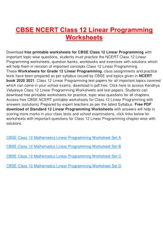 Worksheets for Class 12 Linear Programming