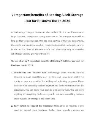 7 Important benefits of Renting A Self-Storage Unit for Business Use in 2020