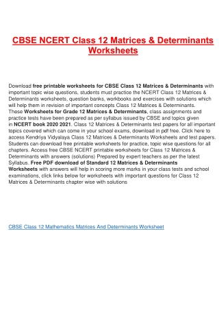 Worksheets for Class 12 Matrices & Determinants