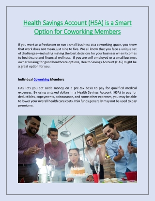 Health Savings Account (HSA) is a Smart Option for Coworking Members