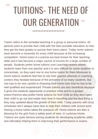 TUITIONS- THE NEED OF OUR GENERATION