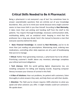 Ravi Morisetty: Critical Skills Needed to Be A Pharmacist