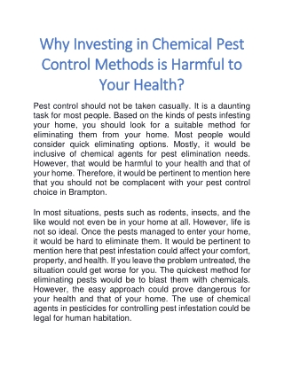 Why Investing in Chemical Pest Control Methods is Harmful to Your Health?