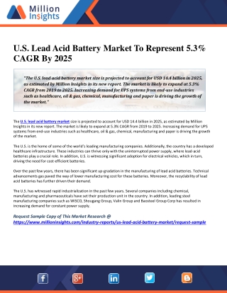 U.S. Lead Acid Battery Market To Represent 5.3% CAGR By 2025