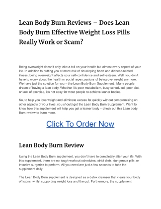 Lean Body Burn Reviews – Does Lean Body Burn Effective Weight Loss Pills Really Work or Scam?
