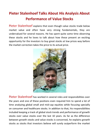 Pieter Stalenhoef Talks About His Analysis About Performance of Value Stocks