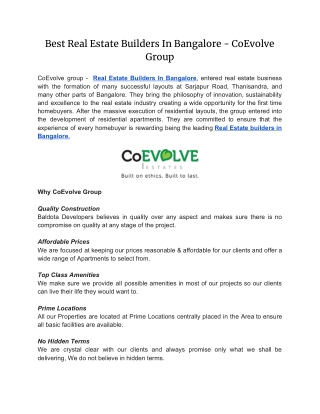 Best Real Estate Builders In Bangalore - CoEvolve Group