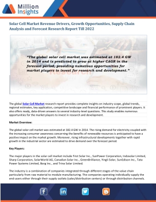 Solar Cell Market In-Depth Analysis, Global Trends & Revenue Driving Factors, 2022