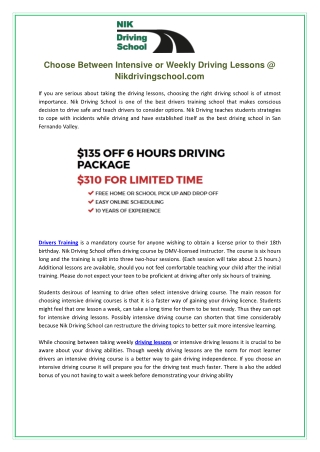 Choose Between Intensive or Weekly Driving Lessons @ Nikdrivingschool.com