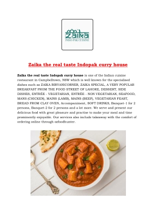 Zaika the real taste Indopak curry house Menu, NSW - 5% off