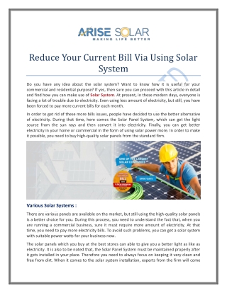 Reduce Your Current Bill Via Using Solar System