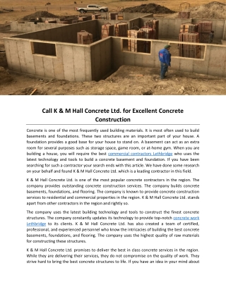 Call K & M Hall Concrete Ltd. for Excellent Concrete Construction