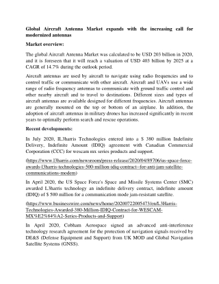 Aircraft Antenna Market Size and Growth Analysis Report 2020