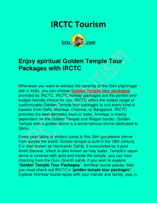 Enjoy spiritual Golden Temple Tour Packages with IRCTC