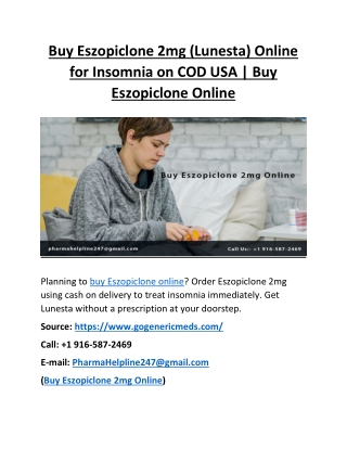 Buy Eszopiclone 2mg (Lunesta) Online for Insomnia on COD USA | Buy Eszopiclone Online