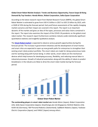 Smart Robot Market Analysis- Trends and Business Opportunity, Future Scope & Rising Demand By Top Vendors: Honda Motor,