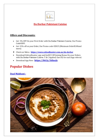 5% Off – Da Darbar Pakistani restaurant menu Campbelltown, SA