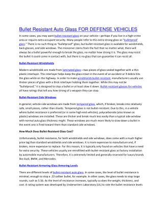 Bullet Resistant Auto Glass FOR DEFENSE VEHICLES