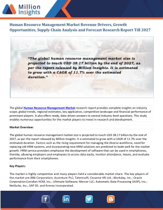 Human Resource Management Market Regional Landscape, Growth Opportunities and Current Trends, 2027